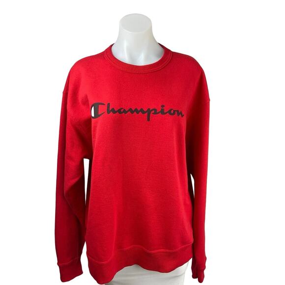 Champion Red Crew Neck Logo Fleece Spell Out Oversized Pullover Sweatshirt Sz L - Picture 1 of 5